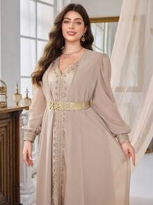 加大码女式V领无袖蕾丝优雅开衩连衣裙，配可拆卸腰带和长袖外套，两件套 - 杏色 - 查看 3