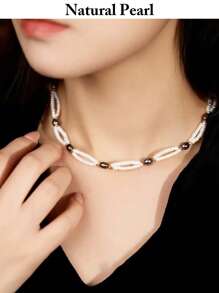 1pc Fashionable Pearl Necklace Bracelet Set, Natural Pearl Jewelry Set, White Pearl Necklace, Elegant Style For Daily Wear And Holiday Gifts - Necklace - View 6