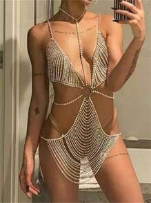 性感闪光多层大流苏身体链首饰，女士夜店派对比基尼身体配饰 - 銀色 - 查看 1
