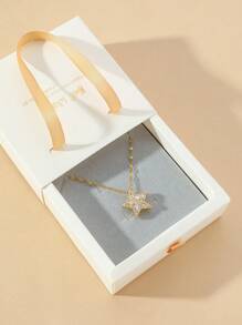1pc Luxury Cubic Zirconia Star Pendant Necklace, Elegant Gift Box Packaging Suitable For Friends, (Random Gray Or Black Sponge Color In Gift Box) - Star - View 2