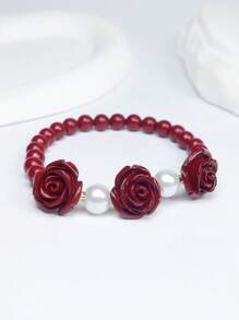 朱砂玫瑰弹力手链DIY四叶草串珠手链新款时尚女士手链饰品礼物8毫米 - 酒紅色 - 查看 8