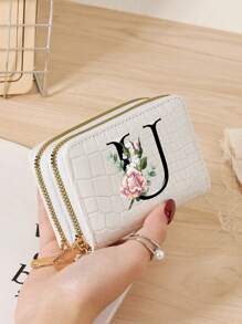 Portacarteras de mujer con textura de cocodrilo y piedra, con múltiples ranuras para tarjetas, bolsillo con cierre de doble cremallera para monedas y ventana para identificación - Impresión personalizada con letra del alfabeto A-Z, diseño de hojas verdes y flores rosas, organizador de tarjetas portátil y funcional para tarjetas de crédito