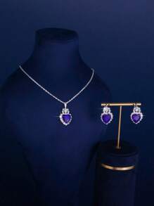 4 件/套水晶心形项链、1 对耳环、手链、戒指、吊坠首饰套装，适合送给她的情人节礼物 - 藍色 - 查看 9