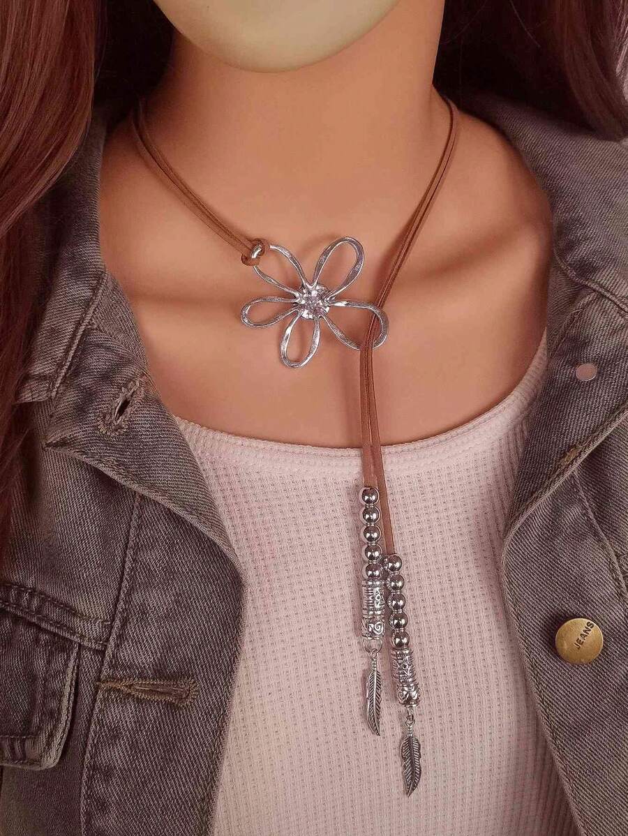 1 件质朴波西米亚风花朵吊坠项链，仿麂皮绳套索，带串珠羽毛饰物，可调节长度珠宝，适合女性日常佩戴 - 羽毛 - 查看 1
