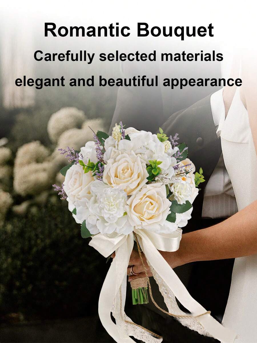 新娘伴娘婚礼花束，白色香槟色人造玫瑰花婚礼装饰用花束，人造玫瑰花婚礼花束，新娘花束，伴娘花束，婚礼中心装饰花艺布置派对家居装饰 - 彩色 - 查看 1
