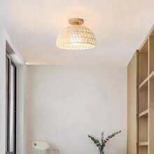 1pc Woven Straw Bird Cage Pendant Light, Rattan Ceiling Lamp For Living Room, Dining Room, Balcony, Hallway