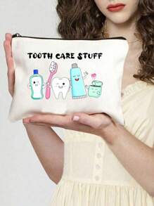 Playful Fun, Youngsters' Dental Care Travel Pouch - "Tooth Care Stuff" Canvas Case Ideal For Toothbrush, Toothpaste & More - Fun & Educational Design - Ideal For Boys & Girls, Adult Office Gift Back To School Supplies
