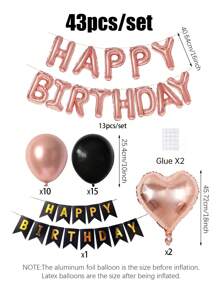 43 件/套 16 英寸玫瑰金“生日快乐”横幅铝箔气球套装，包括玫瑰金、黑色乳胶气球和心形铝箔气球、黑色生日快乐横幅三角旗，用于生日快乐英文字母装饰、派对场景装饰、生日庆典、家庭聚会背景装饰、婚礼、毕业典礼、生日派对装饰、女性生日派对、订婚新娘礼物