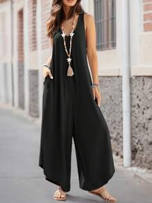 SANOPY Womens Casual Style Overall Jumpsuits, Sleeveless Ruched V Neck Flared Wide Leg Pants Rompers With Pockets - 黑色 - 查看 3