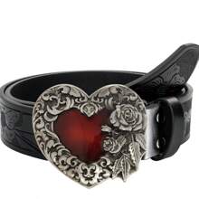 1pc Men/Women Retro Rose & Heart Engraved Buckle Leather Belt, Personalized Casual Waist Belt Suitable For Jeans, Ideal For Teen, Summer, Casual, Outdoor, Athletic, Vacation, Travel, Graduation, Birthday, Daily Wear