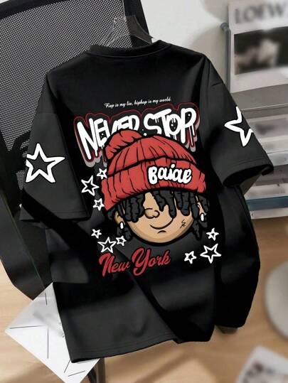 男童卡通印花圆领T恤，夏季男童休闲柔软上衣，适合幼童/青少年/准青少年，舒适时尚休闲衬衫