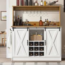 47" Farmhouse Coffee Bar Cabinet With 9 Racks,Wine Bar With 6 Hooks, Sliding Barn Door And Adjustable Shelves,White/Grey/Dark Oak