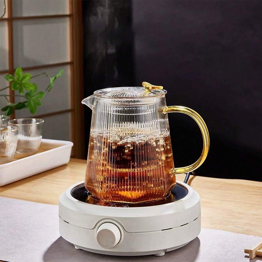 1 pieza Tetera doméstica con separador de hojas de té, juego de tetera eléctrica de cerámica con diseño de rayas verticales, tetera de vidrio con infusor para regreso a clases