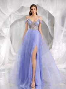 Lavender Spaghetti Strap Heavily Embellished Sheer Mesh Hem Slit Formal Evening Gown, Suitable For Women, Formal Occasions Like Galas, Balls, Weddings And Elegant Events, Party Dress, Prom Dress - Mauve Purple - View 2