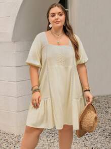 Rusttydustty Women's Plus Size Linen Feel Beige Square Collar Short Sleeve Belt Short Dress Boho Easter Beach Outfits Hawaii Coachella Music Festival Tropical Vacation