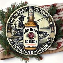 1 件 Jim Beam 复古圆形金属标牌，居家和办公室装饰，适合客厅、酒吧、咖啡厅、室内和室外 - 理想的礼物，孔样式各异