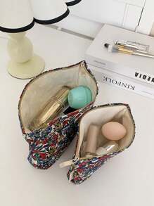 1 件复古碎花图案大容量化妆包，便携式拉链化妆品收纳袋，大旅行包，女性必备，学生宿舍，伴娘礼物，母亲礼物，生日礼物 - 藏蓝色 - 查看 7