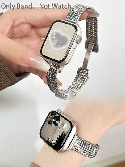 1 件兼容 表带女式 AppleWatch 表带 14 毫米窄金属磁性表带银色兼容 尺寸 46/45/41/40/42/38/49/44 毫米，适用于 SE/S10/9/8/7SE4/5/6/3/2/1 Ultra 3/2/1，编织图案设计，高级 表带薄金属智能表带。AppleWatch 配件，适合春夏季