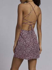 Red Ditsy Floral Backless Spaghetti Strap Short Dress For Beach Vacation - Burgundy - View 1