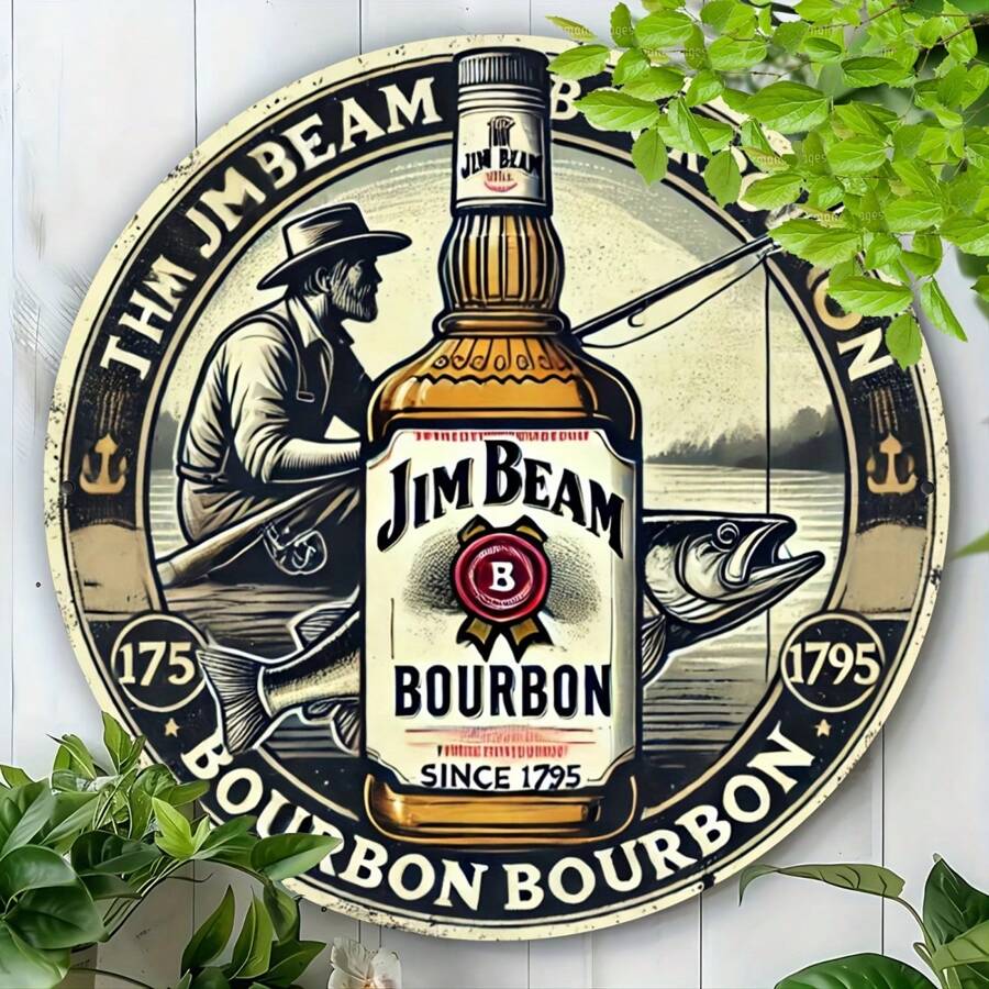 1 件 Jim Beam 复古圆形金属标牌，居家和办公室装饰，适合客厅、酒吧、咖啡厅、室内和室外 - 理想的礼物，孔样式各异