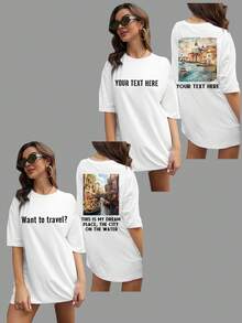 Customized Loose Women Short Sleeve T-Shirt, Personalized With Your Photo Text Name, Custom Ladies White Casual Oversized T-Shirts Summer - White - View 2