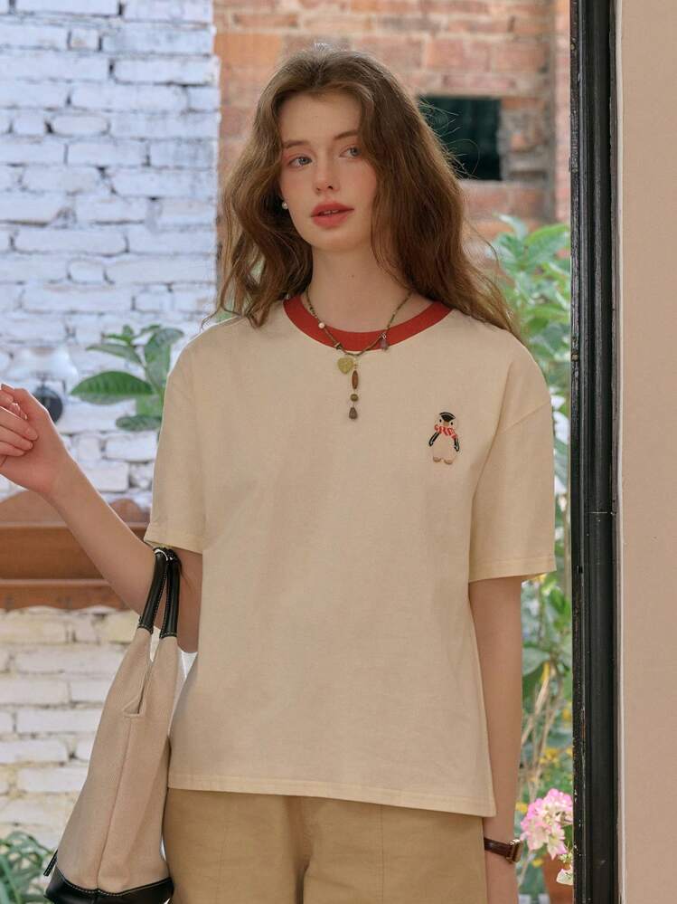 Simple Retro Women's Summer Round - Neck Color - Blocked Short - Sleeve T - Shirt With Penguin Embroidery - White - View 2