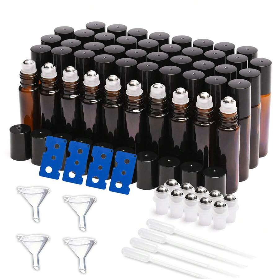 48pcs 10ml Amber Glass Essential Oil Roller Bottles With Stainless Steel Roller Balls, Includes 48 Bottles, 4 Droppers, 4 Openers And 4 Funnels - Brown - View 1