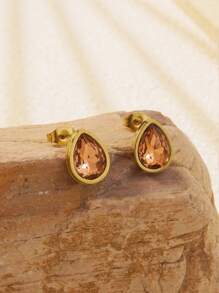 1 par de brincos de pino em forma de gota d'água com strass de vidro colorido incrustado em cores doces de aço inoxidável, adequados para uso diário feminino ou como presente de dia das mães