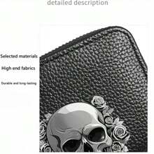 Gothic Skull And Floral Print Wallet Multifunctional Card Holder Zipper Coin Purse Unique Gift For Independence Day & Halloween For Men Wallet Mini Wallet Purse Wallet Card Wallet - Black - View 6