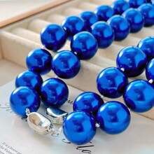 16mm Retro High-End Large Navy Base Turquoise Crystal Faux Pearl Necklace Choker - Vintage Minimalist Style Women's Necklace, Suitable For Daily Wear, Valentine's Day, Mother's Day Gift - Blue - View 6