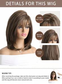 Women's Fashion Natural Medium-Long Brown Ombre Blonde 16 Inch Synthetic Fiber Wig With Air Bangs, Suitable For Daily Wear, Holidays, Birthday, Music Festival, Halloween Cosplay, Christmas Party