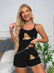 Conjunto de 2 piezas con camisa de tirantes y manga corta con estampe de oso negro