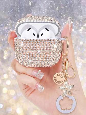 1 st glittrande stjärndubbade hörlursfodral, glänsande hårdskal PC-skyddande telefonfodral med nyckelring kompatibel med Apple 1/2/3/Pro/Pro 2, kvinnor