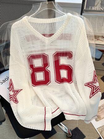 Ladies' Summer Couples Matching Oversized Sweatshirt, Loose Casual Numeric Print Elegant Sheer Knit Top