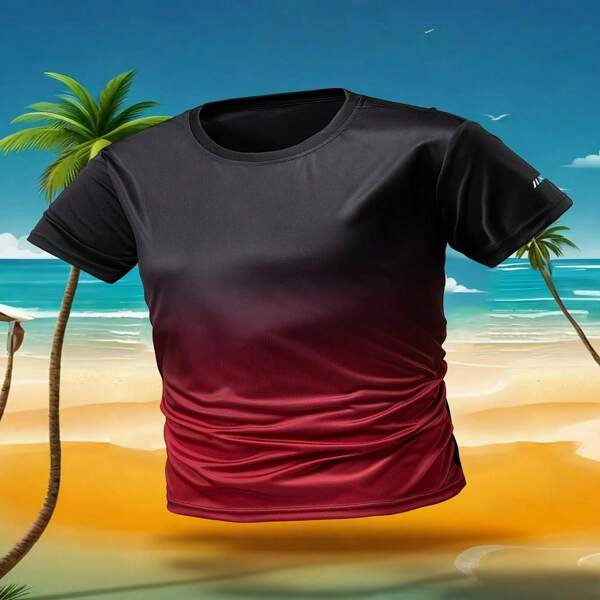 Camiseta de manga corta de secado rápido para hombres, top deportivo de cuello redondo - diseño degradado fashionable, adecuado para correr a diario, entrenamiento deportivo y uso casual