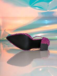 女士紫色尖头荷叶边粗跟高跟鞋 - 紫色 - 查看 6