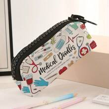 1pc Large Medical Supplies Print Pencil Case With Zipper - Durable Polyester, High Capacity For Pens & School Supplies, Stylish "Medical Doodles" Design With Stethoscope & Rx Symbols, Black Textured Grip, Perfect For Students & Professionals, Zipper Pencil Holder | Playful Design | Textured Grip Handle, Pencil Pouch