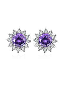 1 Pair 925 Sterling Silver Round Blue & Purple Cubic Zirconia Big Flower Stud Earrings For Women, Daily, Party, Wedding, Pageant Jewelry Gift