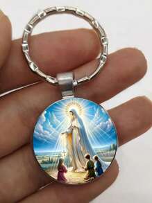 Virgin Mary Glass Pendant Keychain - Alloy, Round Design, Praying Cross - Suitable For Men & Women, Christian Fashion Accessory For Daily Wear And Parties Car Accessories Bag Charm