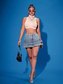 Vintage Niche Ruffled Hem Denim Mini Skirt, Summer Fashion, Ruffled Hem Denim Skirt, Suitable For Beach Vacations, Pride Outfits, Fourth Of July Outfits, Club Outfits For Women - Blue - View 5