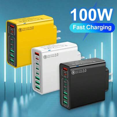 100W 4A4C 8 端口多功能超级快速充电器，支持快速充电，兼容 16 15 14 13，兼容 iPad、平板电脑、智能手机、耳机、手表，适合旅行、办公室、宿舍和家庭多端口，适配器 Nan