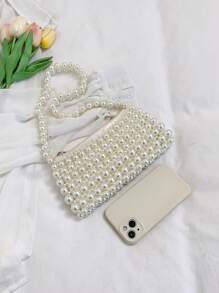 1pc Faux Pearl Beaded Woven Handbag, Versatile Shoulder Bag Suitable For Women To Attend Formal Occasions Or Everyday Commute, Elegant Faux Pearl Bag - White - View 5
