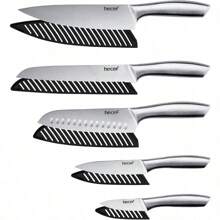 hecef Juego de 5 cuchillos de cocina plateados, hoja de acabado satinado con mango hueco, incluye chef de 8 pulgadas, pan de 8 pulgadas, Santoku de 8 pulgadas, utilidad de 5 pulgadas y cuchillo de pelar de 3.5 pulgadas