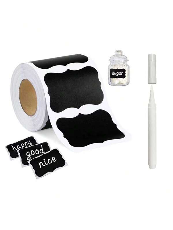 120pcs/Roll (Optional With Pen)Chalkboard Glass Jar Label Stickers, Reusable Black Waterproof Label Stickers, Wavy Shape Labels For Kitchen & Pantry Organization, Great For Containers, Jars, Spices And Food Storage ﻿