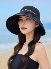 1pc Women's Letter Design Foldable Wide Brim Sun Hat, Solid Color Bowknot Bucket Hat, Suitable For Spring/Summer Outdoor Activities, Shopping, Traveling - A - View 12