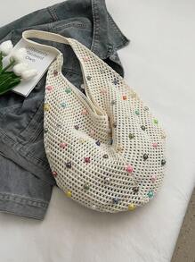 1pc Solid Color Women Shoulder Bag, Large Capacity Crocheted Tote For Everyday Use, Perfectly Matching With Crochet Set - White - View 4