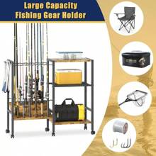 Fishing Rod Rack Fishing Equipment Organizers With Wheels, Metal Fishing Gear Shelf Up To 12 Rods, Fishing Rod Holders Fishing Pole Storage Cart For Garage Home Entryway Corner