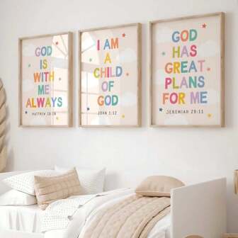 [3 件基督教圣经诗句艺术] 3 件基督教圣经诗句帆布墙艺术套装，现代波西米亚装饰艺术风格，无框水墨艺术印刷品，适用于托儿所、卧室、客厅、教室 - 室内肖像方向壁挂装饰，适合秋冬季