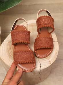 1 Pair Plus Size Brown Toddler/Little Girls Flat Sandals, Knitted Fabric Dual Strap Hook And Loop Back Heel Design Open Toe Fashion Luxury Cute Roman Style Sandals, Suitable For 3-16 Years Old Students For Casual, Holiday, Travel Wear, Spring/Summer 2025