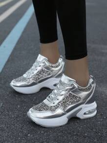Zapatos de plataforma para mujer 2025 Nuevos zapatos con rhinestone para primavera y otoño, zapatillas deportivas casuales con suela gruesa y cojín de aire